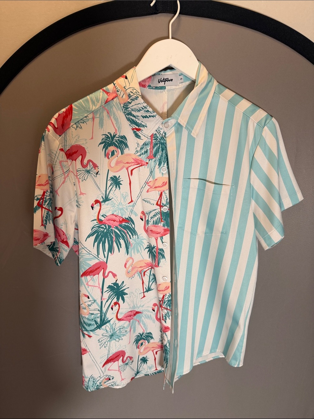 Men’s Short Sleeve Flamingo Print & Stripe Shirt - Turquoise/Pink
